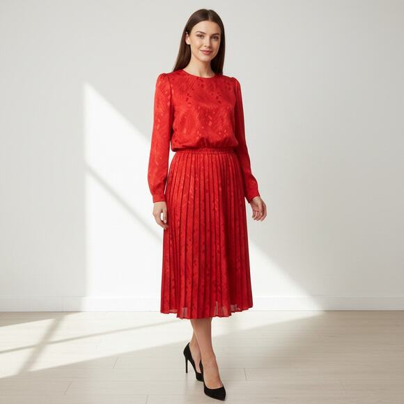 Vintage In Cinq Red Satin Long Sleeve Blousen Dress Career Teacher - Picture 1 of 8